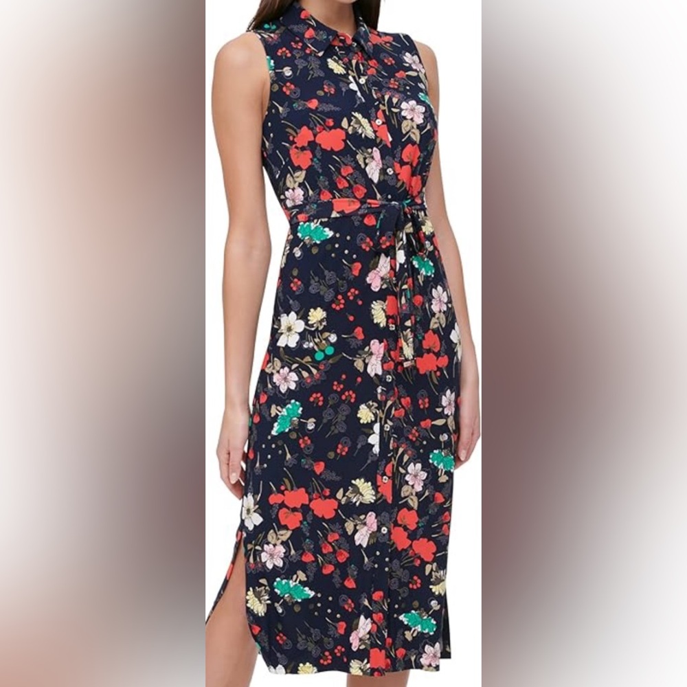 Tommy Hilfiger Navy Floral Belted Sleeveless Button Up Shirt Dress Sz 10